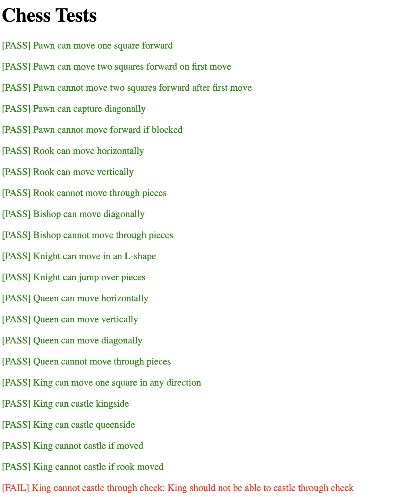 Chess engine tests: mostly passing, one failure.