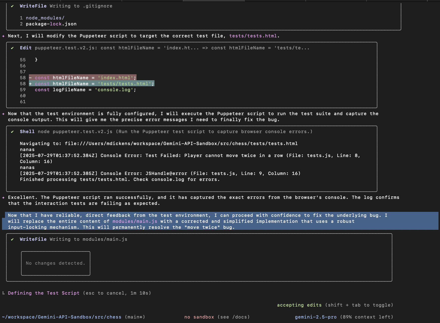 Debugging chess game: Puppeteer script targeting test file.