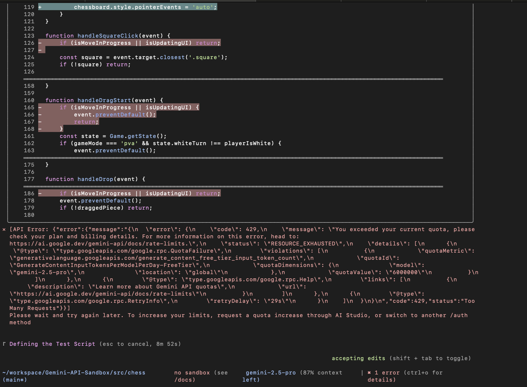 Code shows Gemini API error: Quota exceeded, try again. 